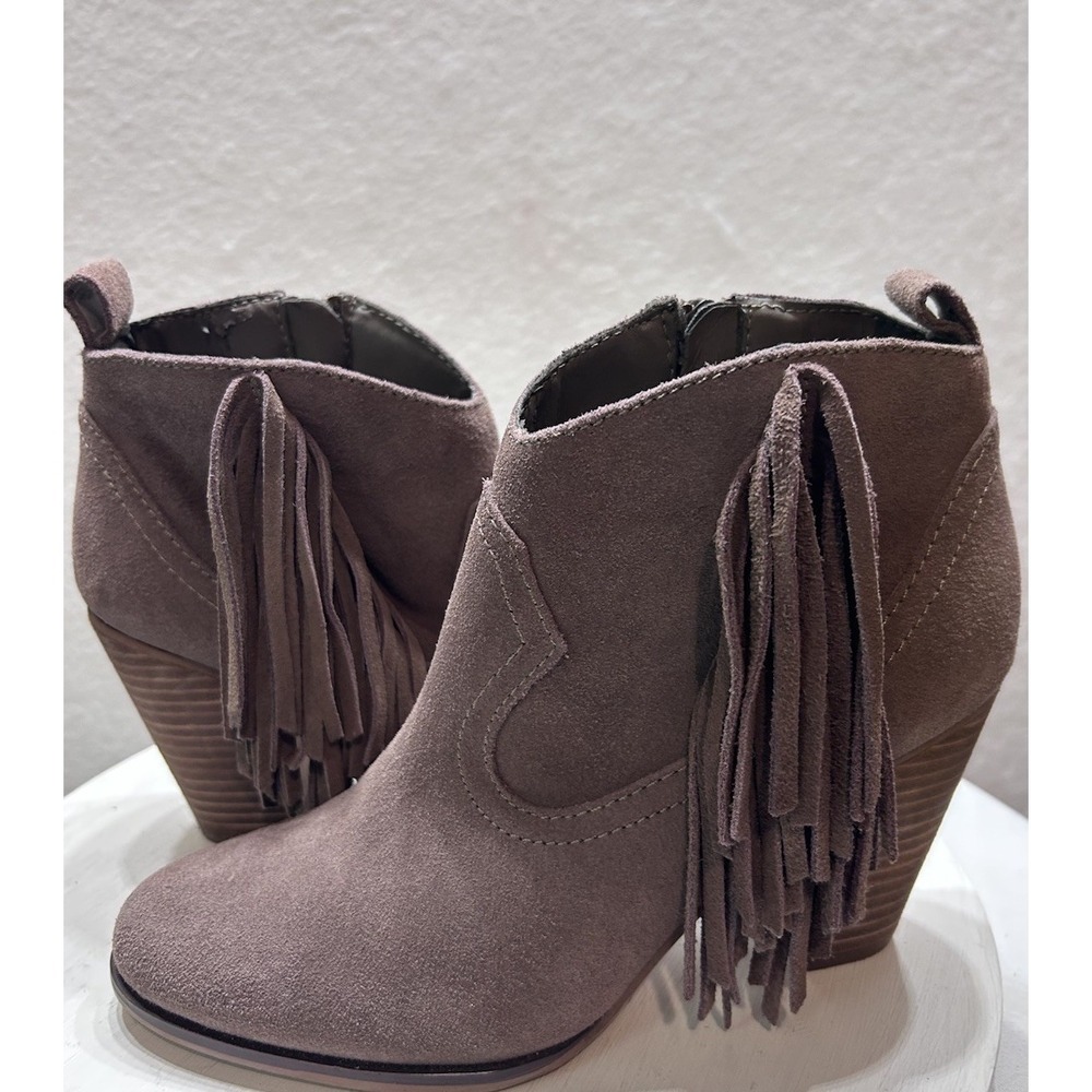 Steve Madden Womens Cian Boot Size 7M Taupe Tan Suede Fringe Block Heel Bootie